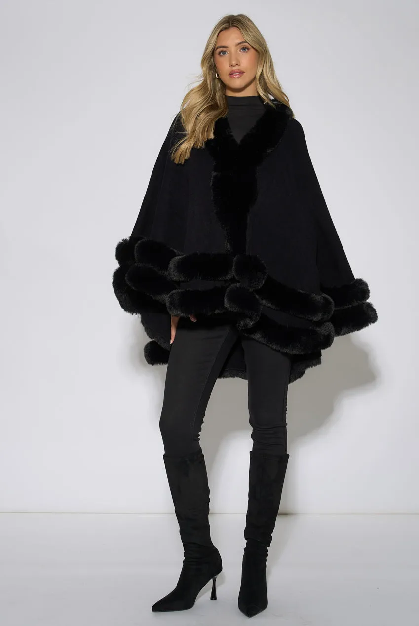 Black Double Layer Fur Trim Cape by Gini London sold by Goddiva product image thumbnail 4