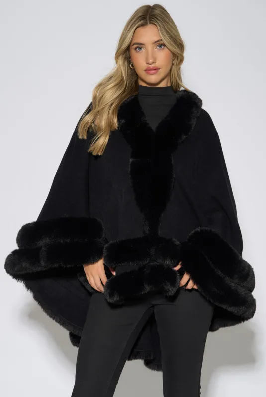 Black Double Layer Fur Trim Cape by Gini London made by Goddiva