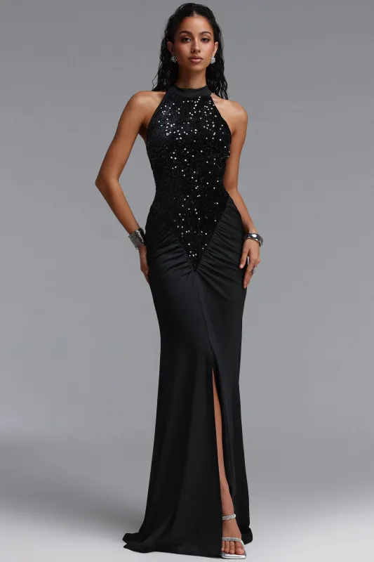 Octavia Elegant Contour Sleeveless Slit Sequin Woven Black Maxi Dress by Bella Barnett made by Bella Barnett