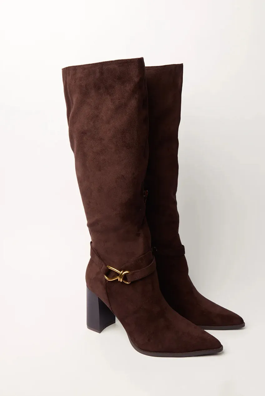 Pointed Toe Buckle Detail Knee High Boots by Blue Vanilla sold by Goddiva