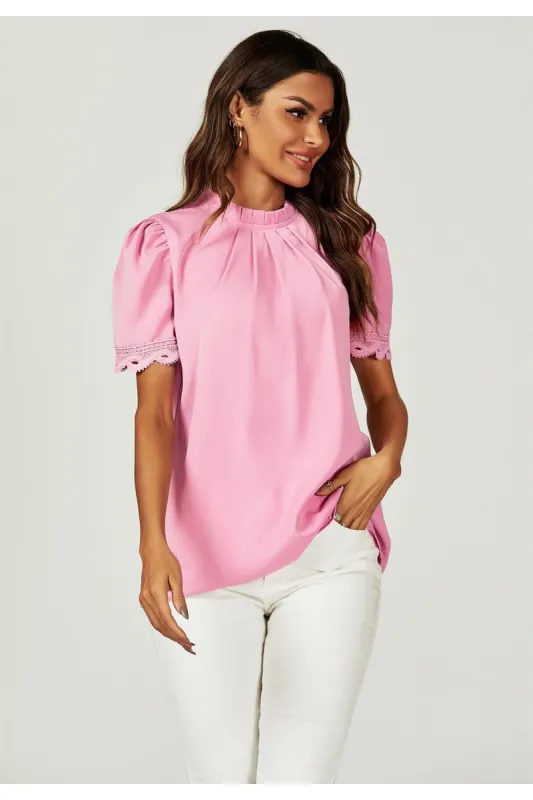 FS Collection Lace Trim Detail Short Sleeve High Neck Blouse Top In Pink sold by Goddiva