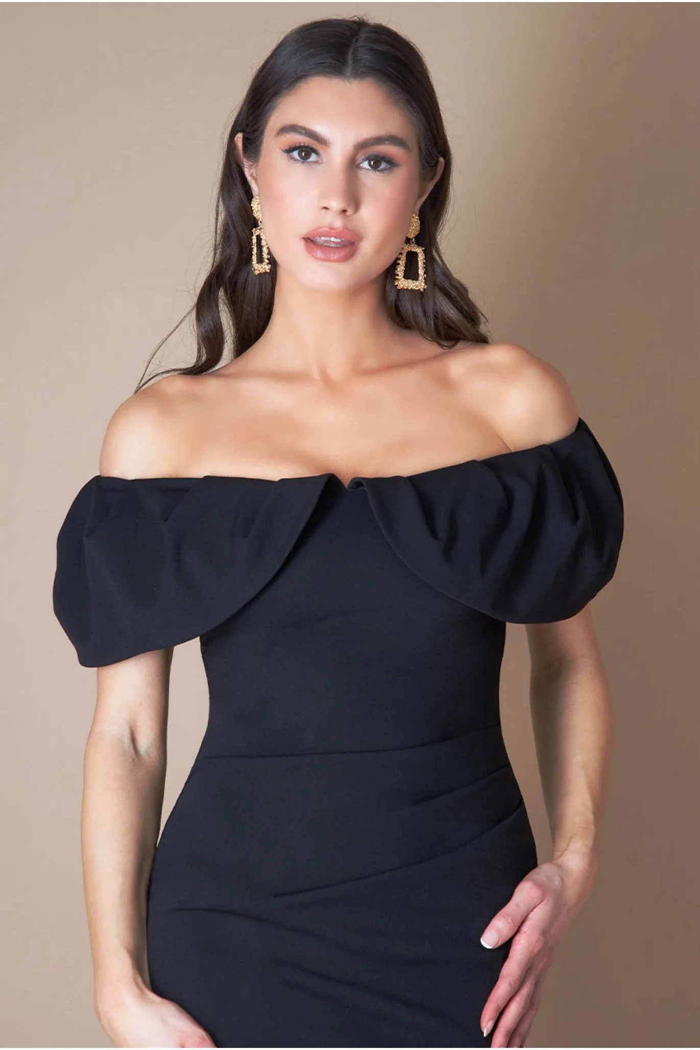 Scuba Crepe Pleated Bardot Midi - Black by Goddiva sold by Goddiva product image thumbnail 3
