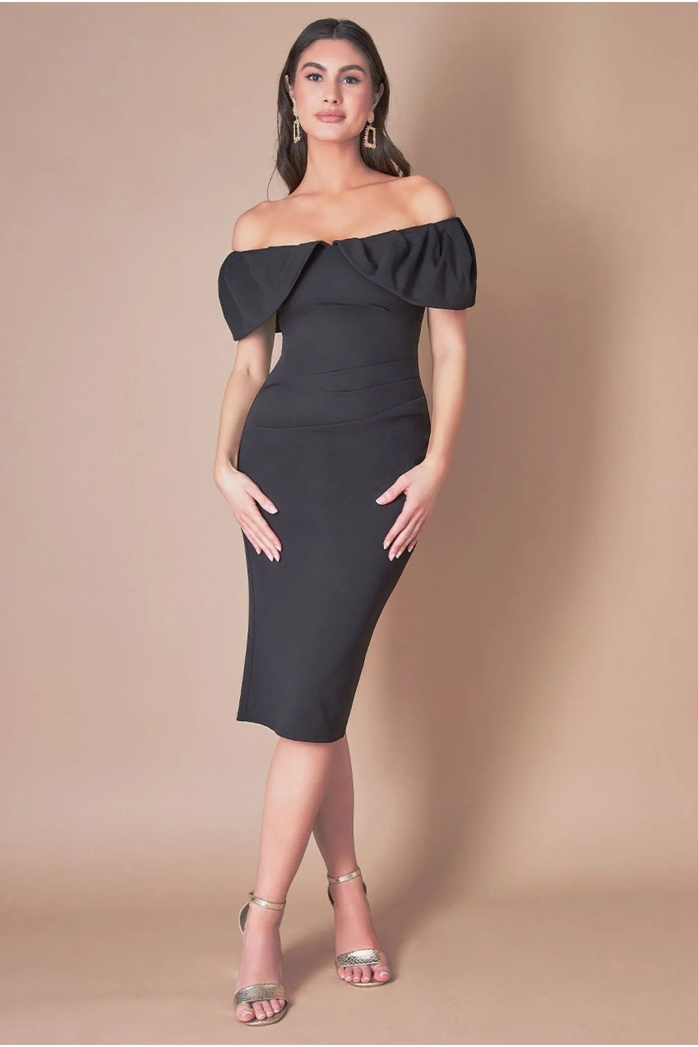 Scuba Crepe Pleated Bardot Midi - Black by Goddiva sold by Goddiva