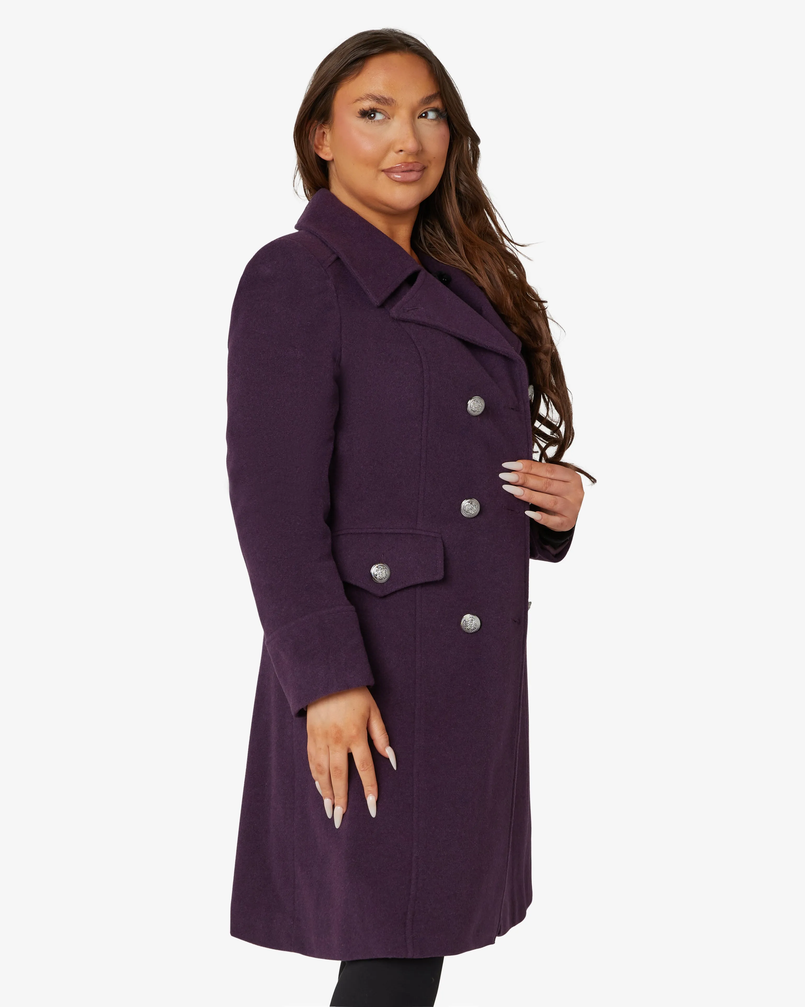 De La Creme Fashions Katrina Purple Wool Blend Military Midi Coat sold by Goddiva product image thumbnail 3