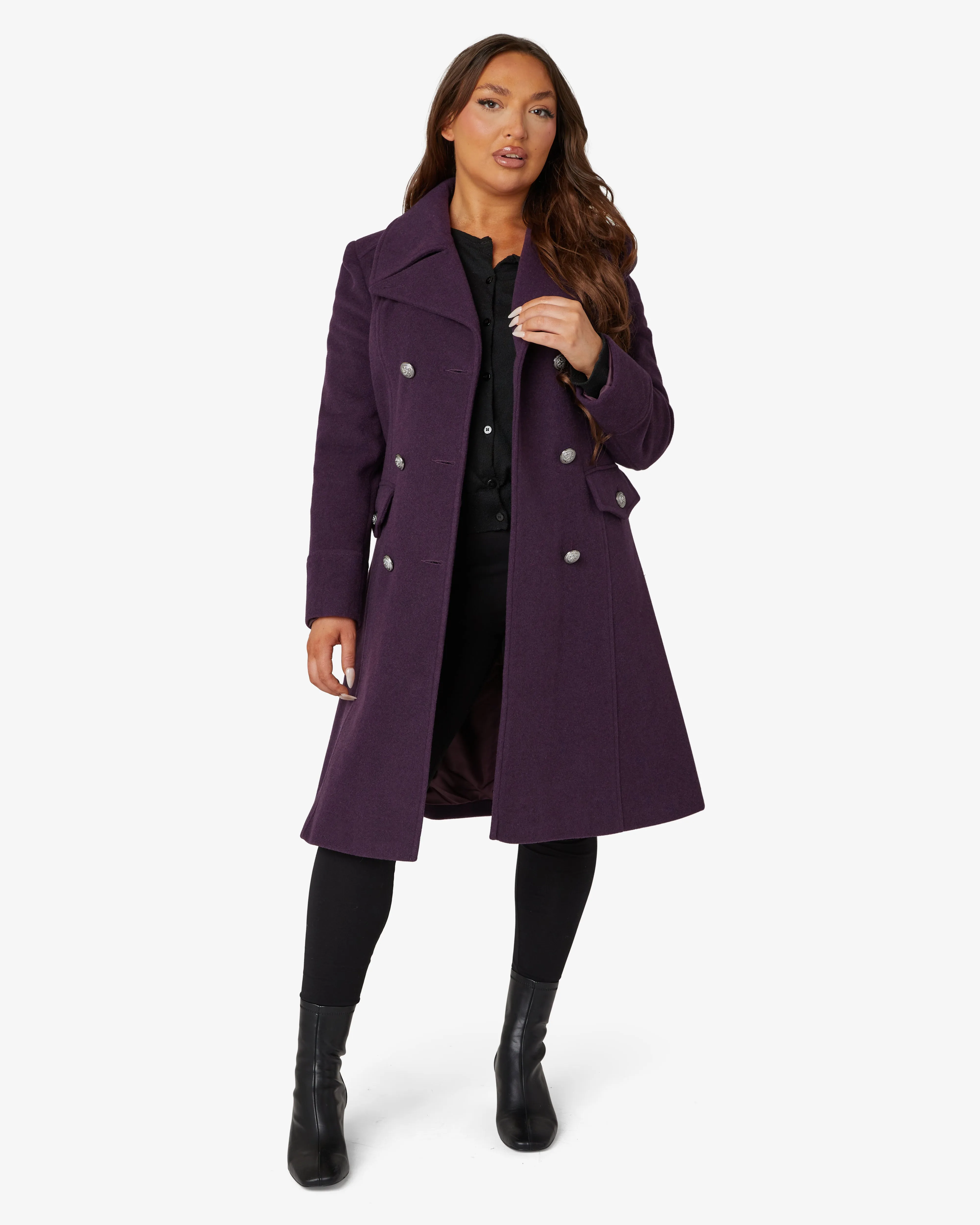 De La Creme Fashions Katrina Purple Wool Blend Military Midi Coat sold by Goddiva