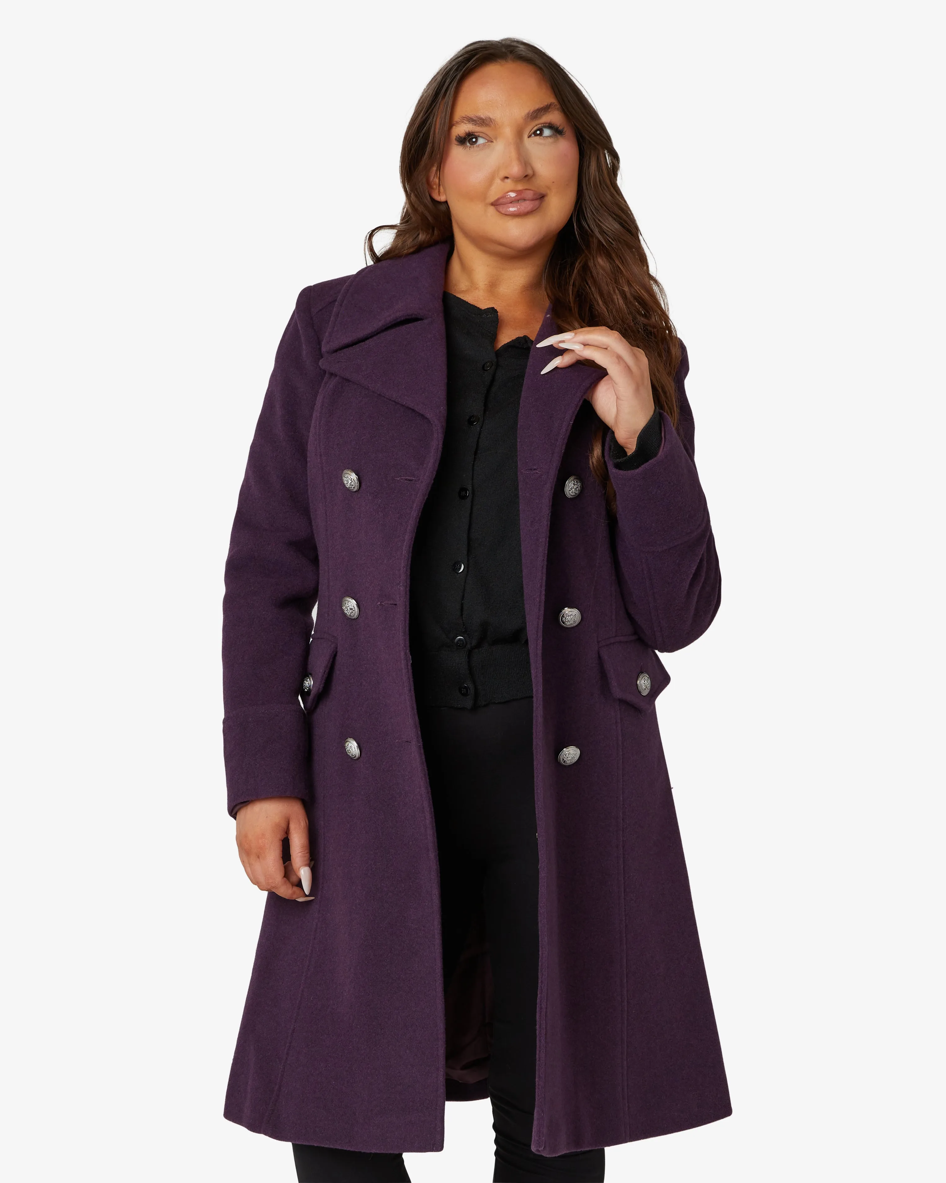 De La Creme Fashions Katrina Purple Wool Blend Military Midi Coat sold by Goddiva product image thumbnail 2