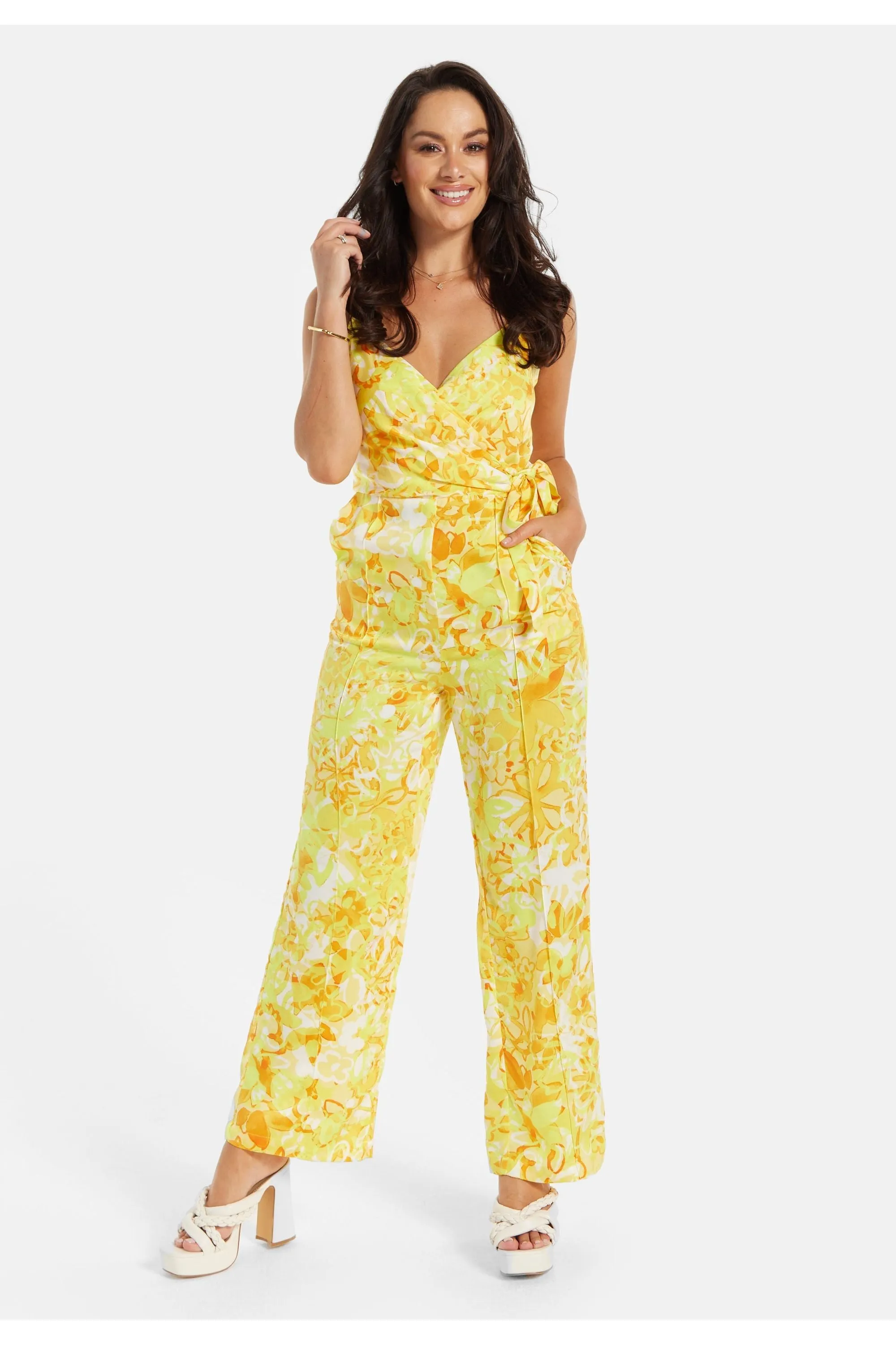 Yellow And Orange Floral Print V Neck Jumpsuit by Liquorish sold by Goddiva