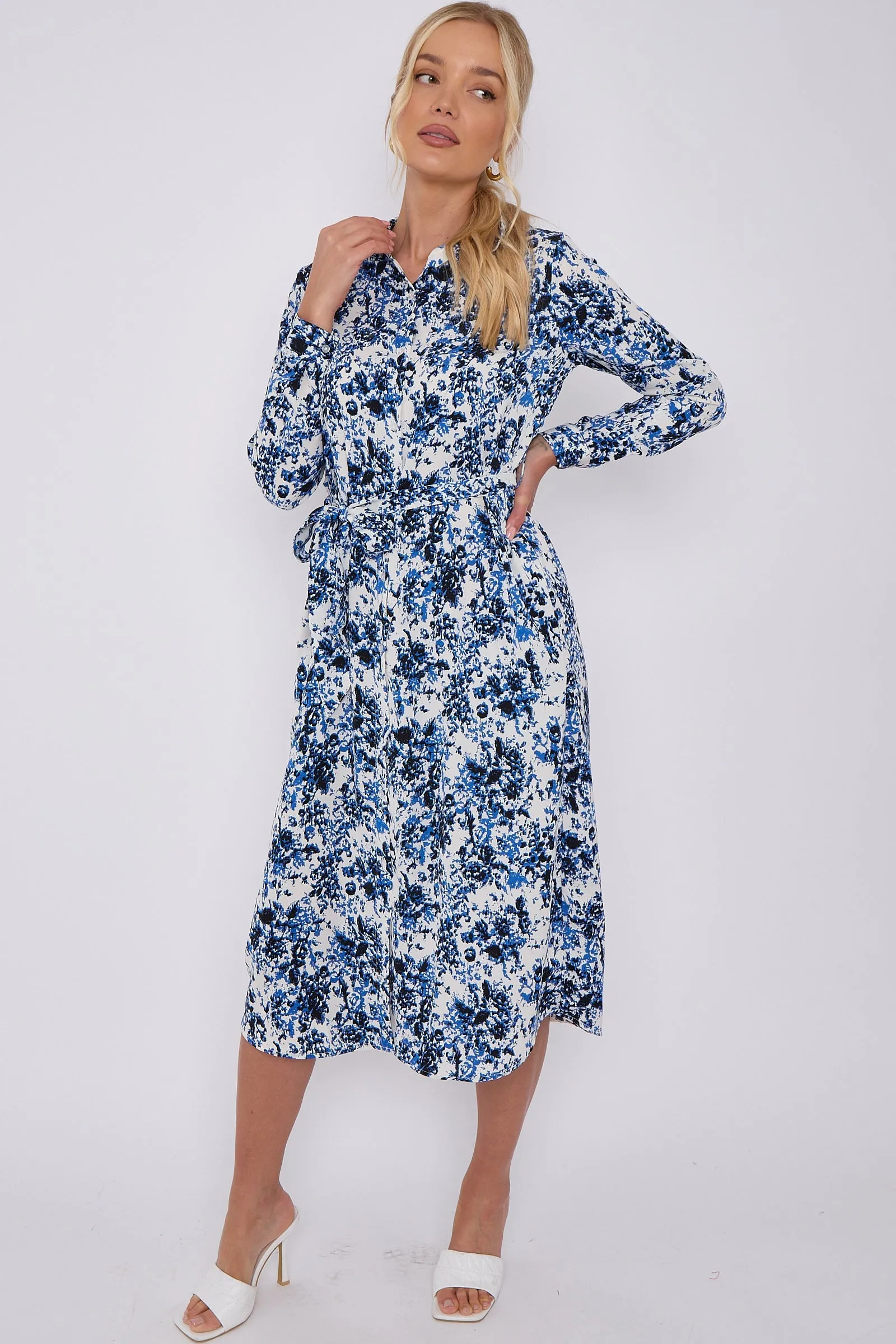 LOVE SUNSHINE Blue Tie Dye Print Long Sleeve Midi Shirt Dress sold by Goddiva product image thumbnail 4