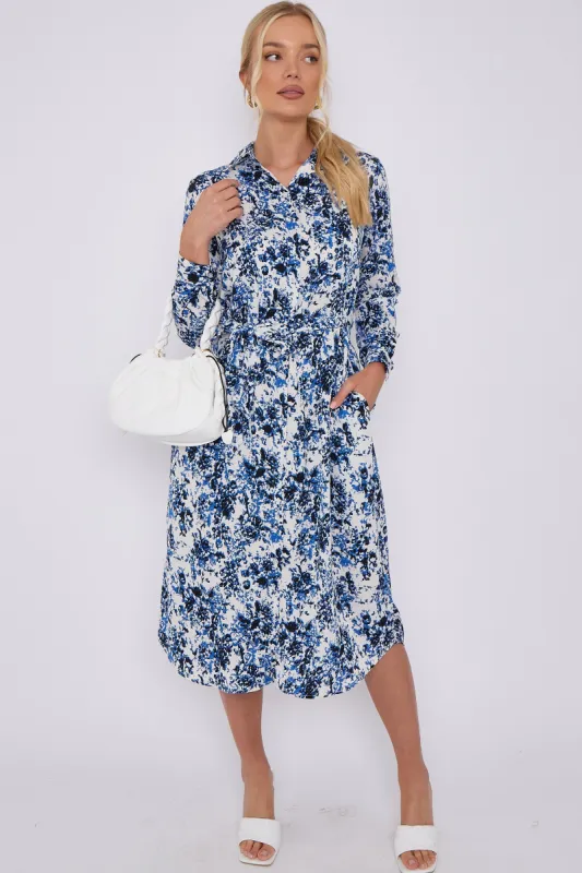 LOVE SUNSHINE Blue Tie Dye Print Long Sleeve Midi Shirt Dress sold by Goddiva
