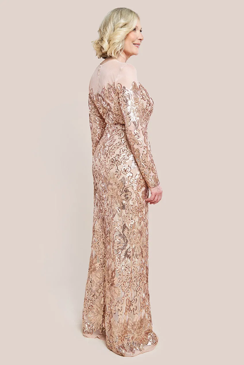 Floral Sequin Mesh Maxi Dress - Champagne by Goddiva sold by Goddiva product image thumbnail 2