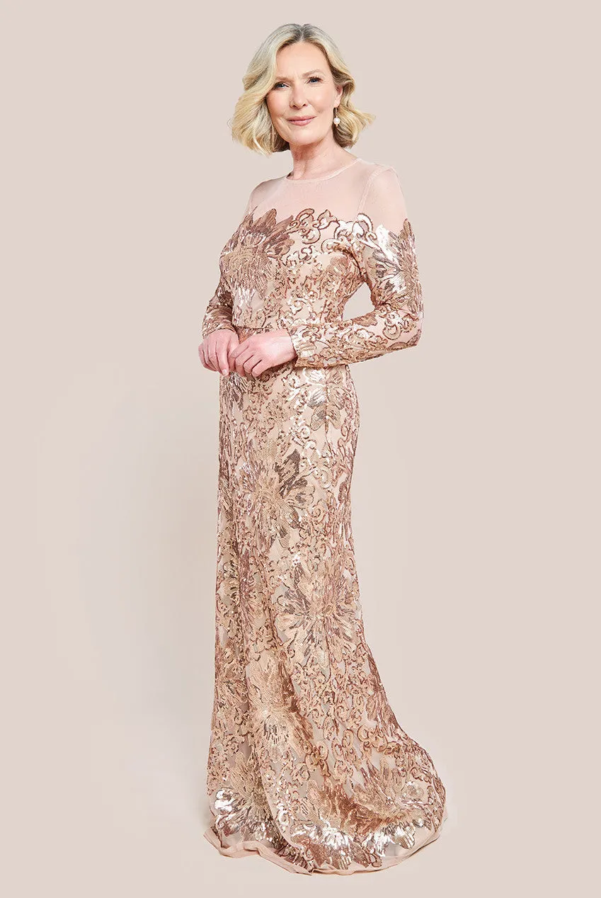Floral Sequin Mesh Maxi Dress - Champagne by Goddiva sold by Goddiva