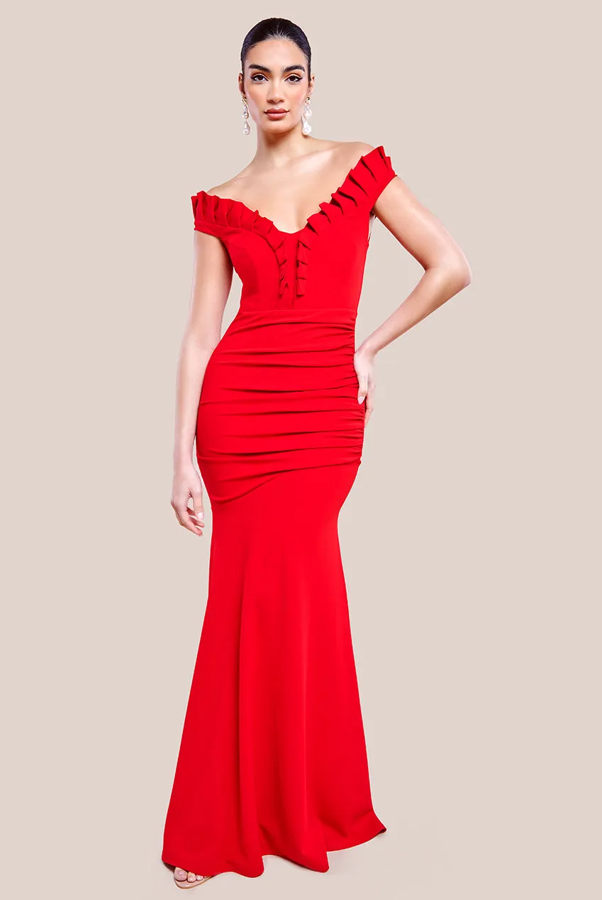 Off The Shoulder Frill Gathered Maxi Dress - Red by Goddiva sold by Goddiva