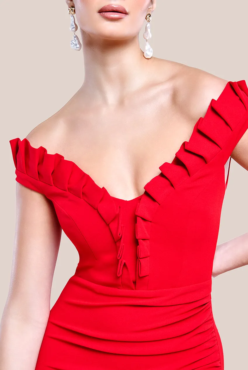 Off The Shoulder Frill Gathered Maxi Dress - Red by Goddiva sold by Goddiva product image thumbnail 3