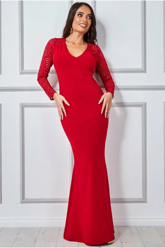 Goddiva Lace Back Full Sleeve Maxi Dress - Red sold by Goddiva