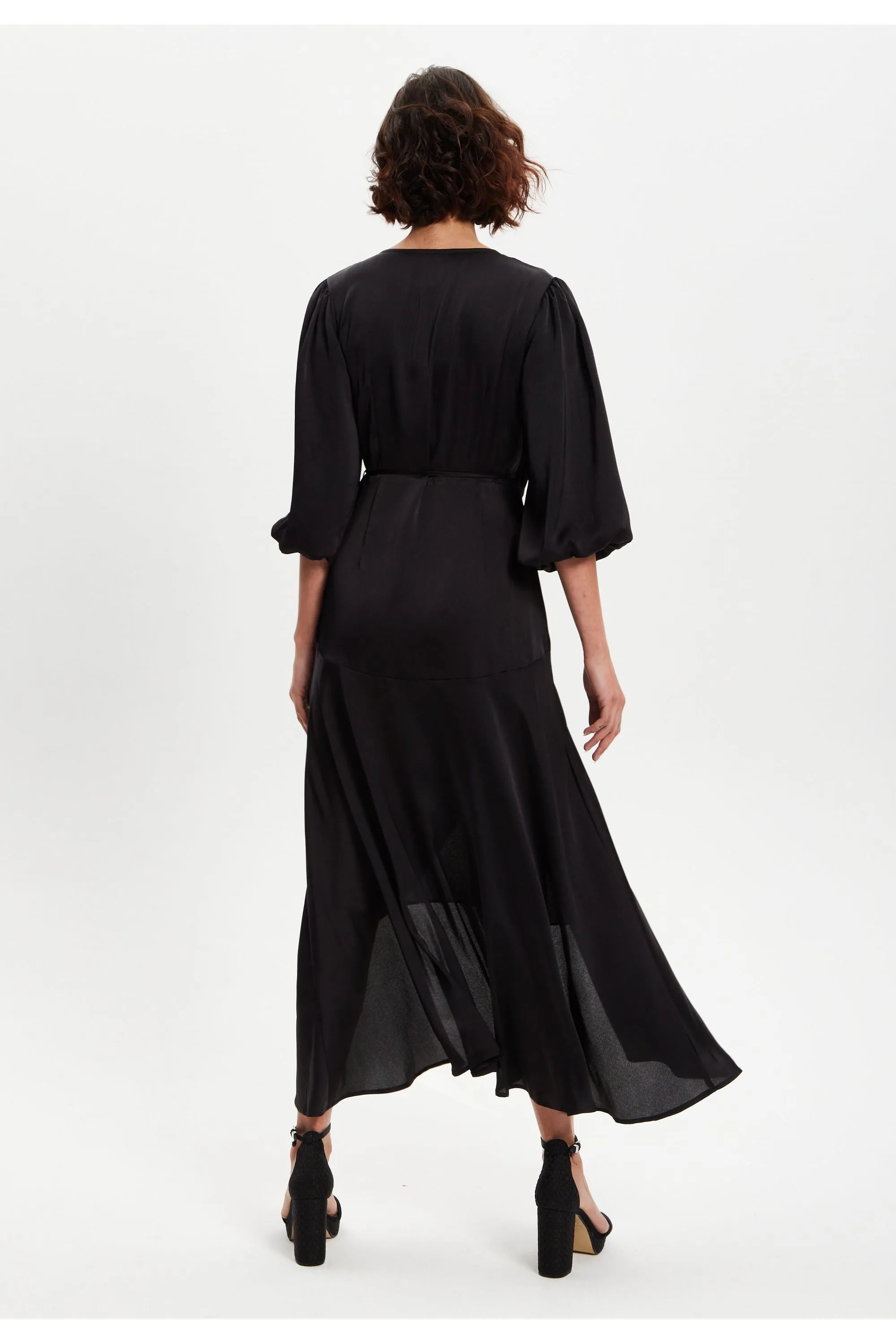 Black Midi Wrap Dress With Short Puff Sleeves by Liquorish sold by Goddiva product image thumbnail 5
