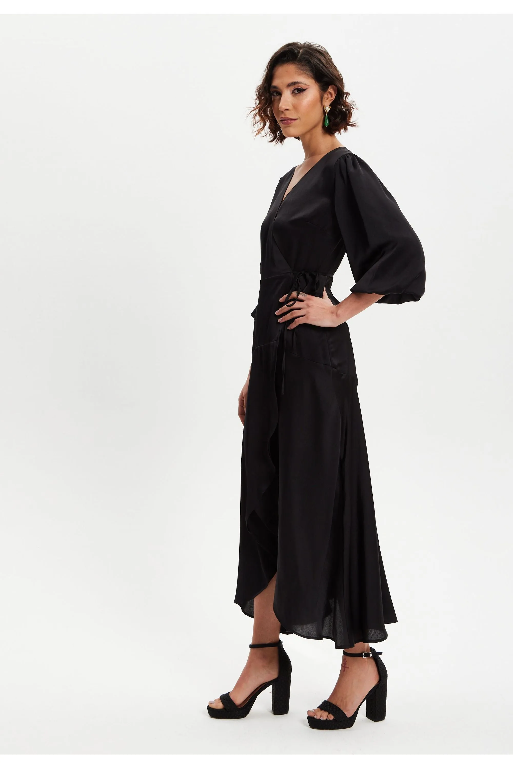 Black Midi Wrap Dress With Short Puff Sleeves by Liquorish sold by Goddiva product image thumbnail 4