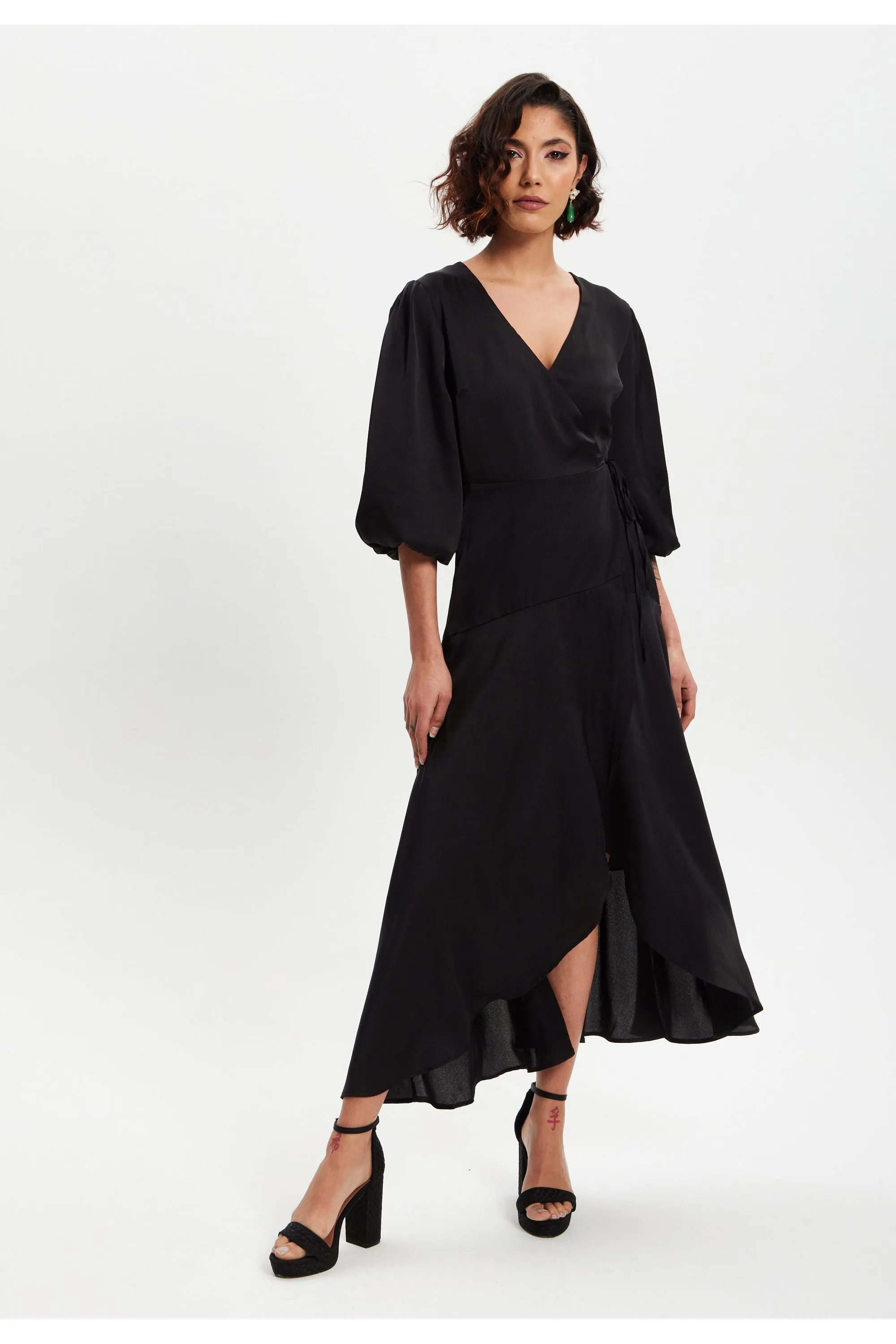 Black Midi Wrap Dress With Short Puff Sleeves by Liquorish sold by Goddiva product image thumbnail 3