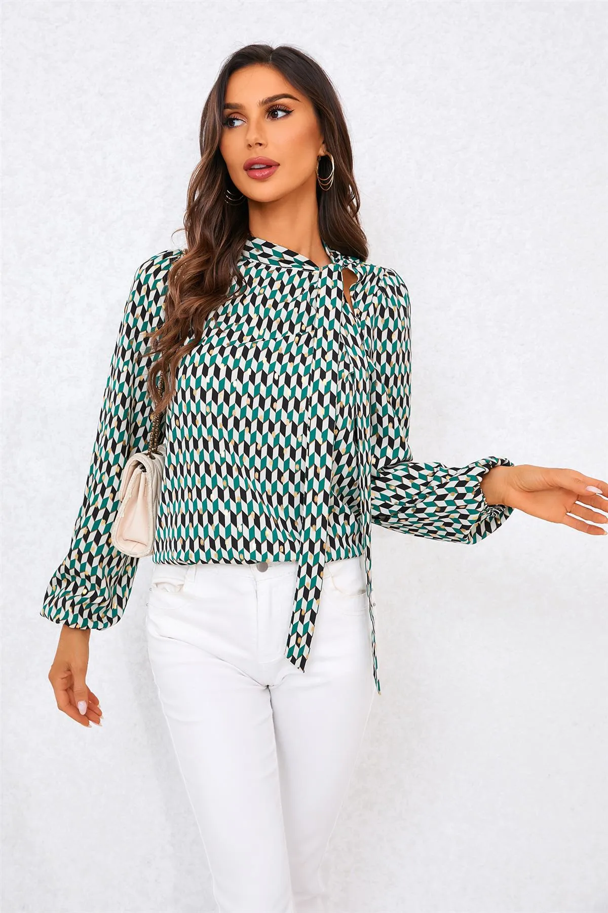 Geo Print Side Tie Blouse Top In Green by FS Collection sold by Goddiva product image thumbnail 3