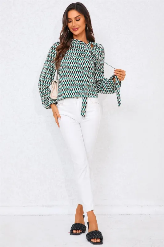 Geo Print Side Tie Blouse Top In Green by FS Collection sold by Goddiva