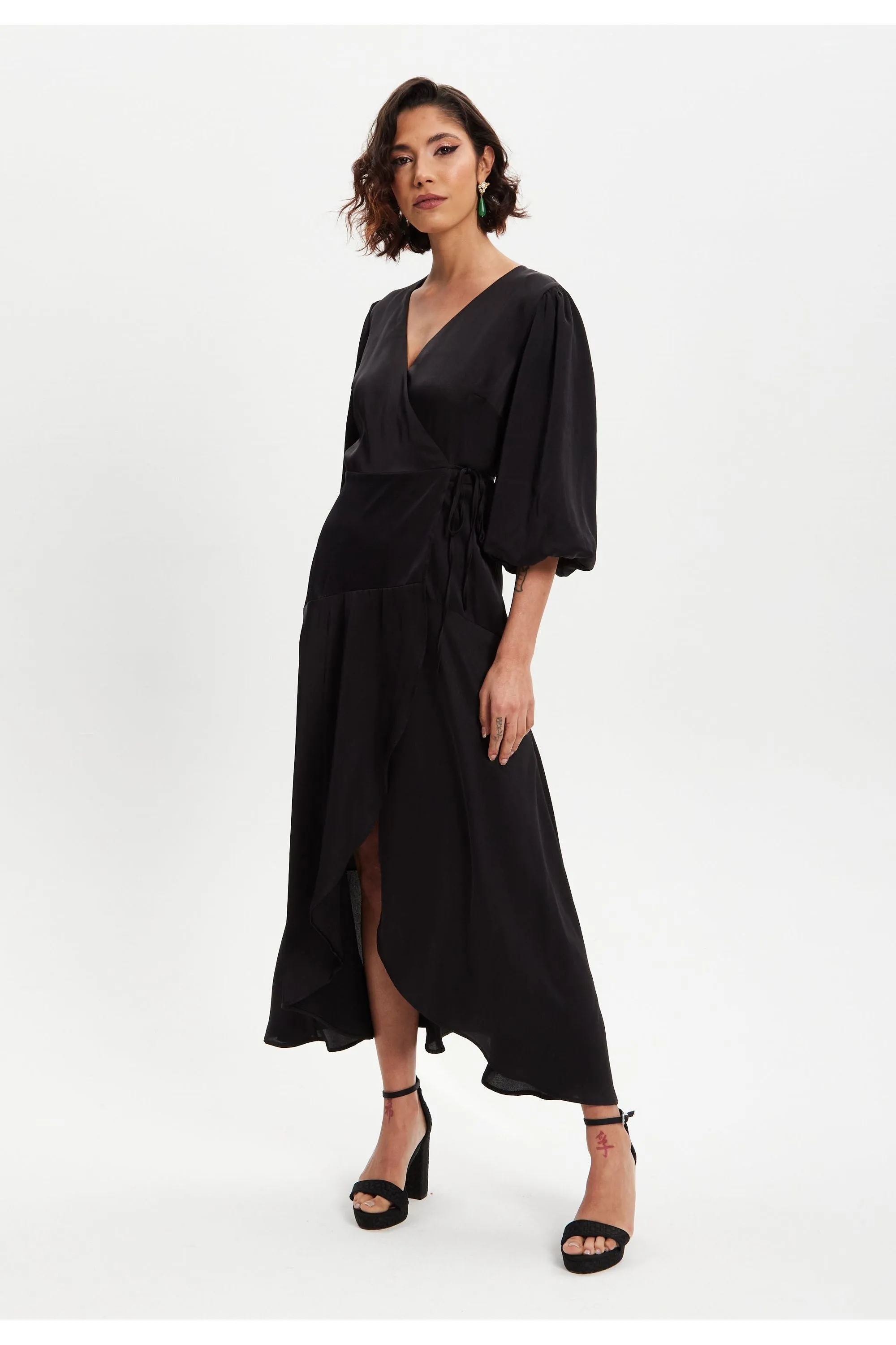 Black Midi Wrap Dress With Short Puff Sleeves by Liquorish sold by Goddiva product image thumbnail 2