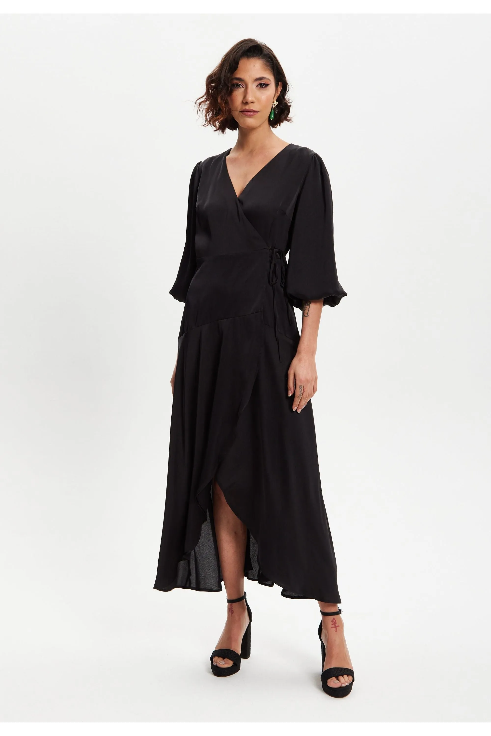 Black Midi Wrap Dress With Short Puff Sleeves by Liquorish sold by Goddiva