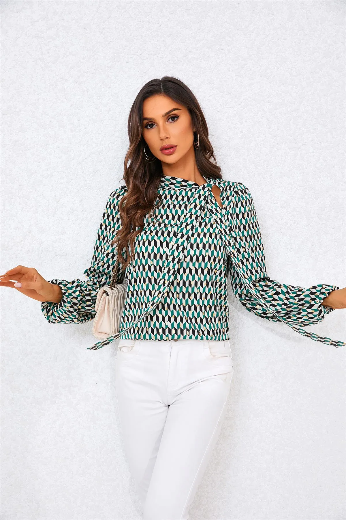 Geo Print Side Tie Blouse Top In Green by FS Collection sold by Goddiva product image thumbnail 5