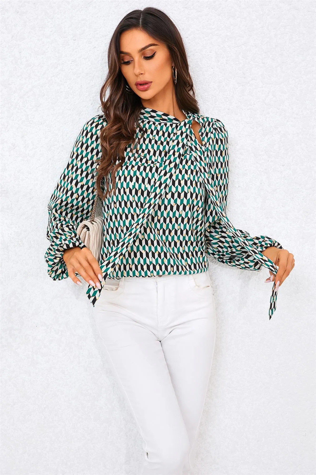 Geo Print Side Tie Blouse Top In Green by FS Collection sold by Goddiva product image thumbnail 2