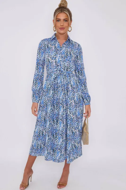 LOVE SUNSHINE Blue Leopard Print Midaxi Shirt Dress sold by Goddiva