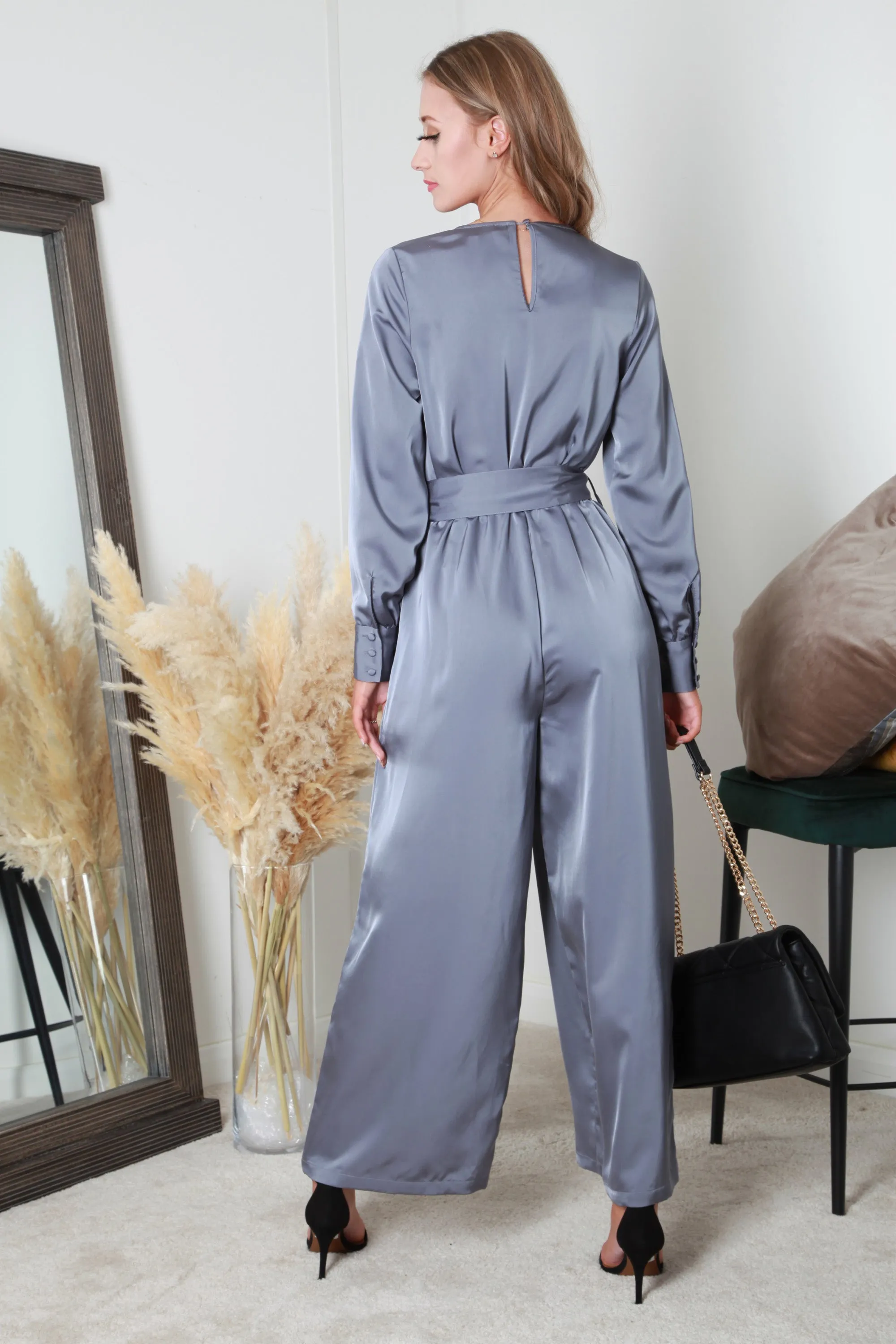 Silver/blue Lux Satin Wrap Jumpsuit by Double Second sold by Goddiva product image thumbnail 5