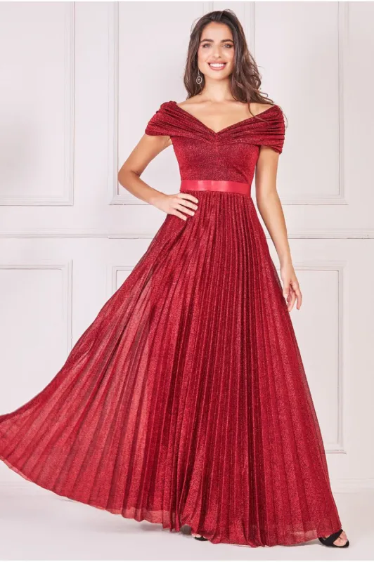 Bardot Pleated Skirt Maxi Dress - Wine by Goddiva sold by Goddiva