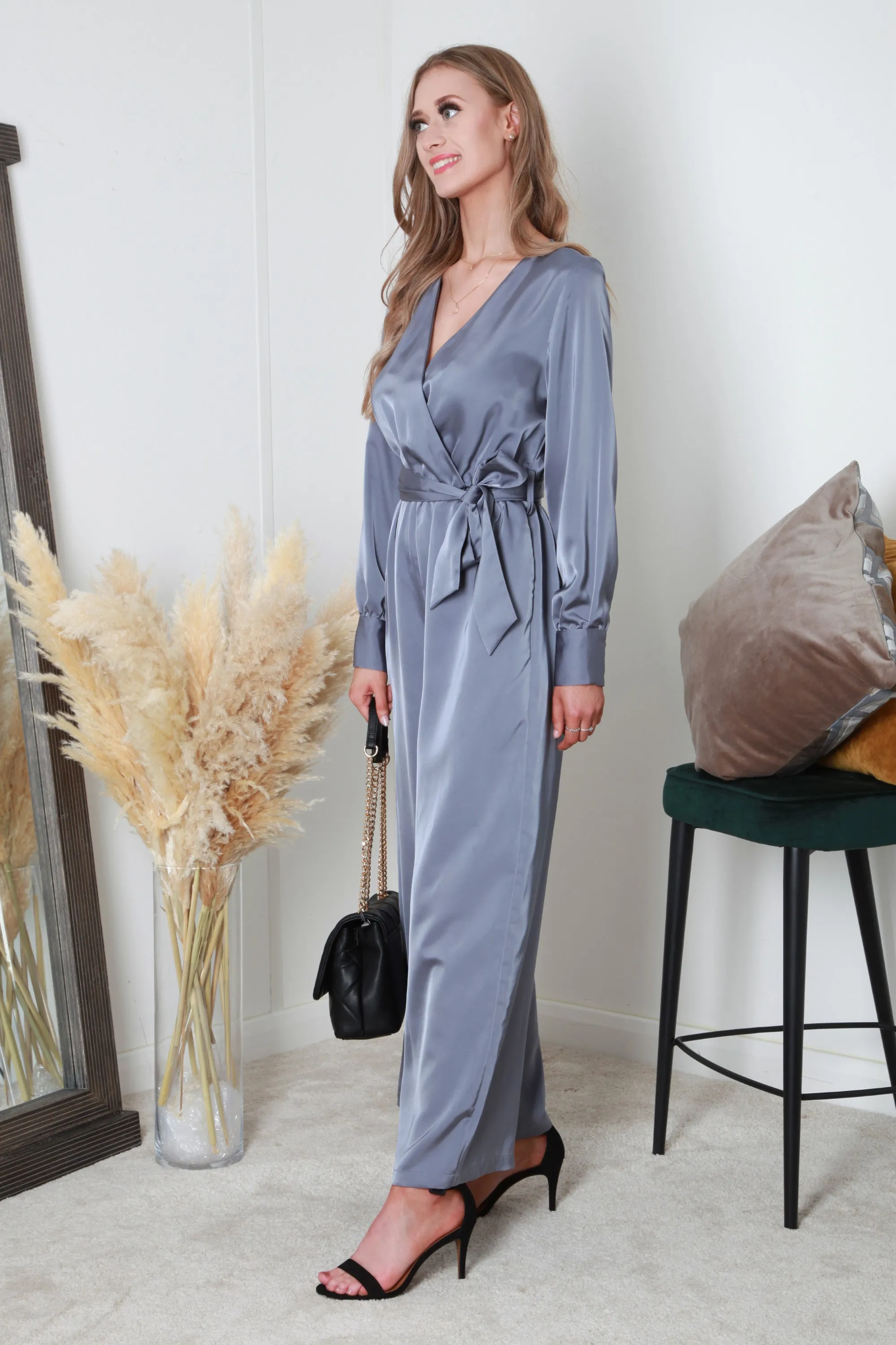 Silver/blue Lux Satin Wrap Jumpsuit by Double Second sold by Goddiva product image thumbnail 3
