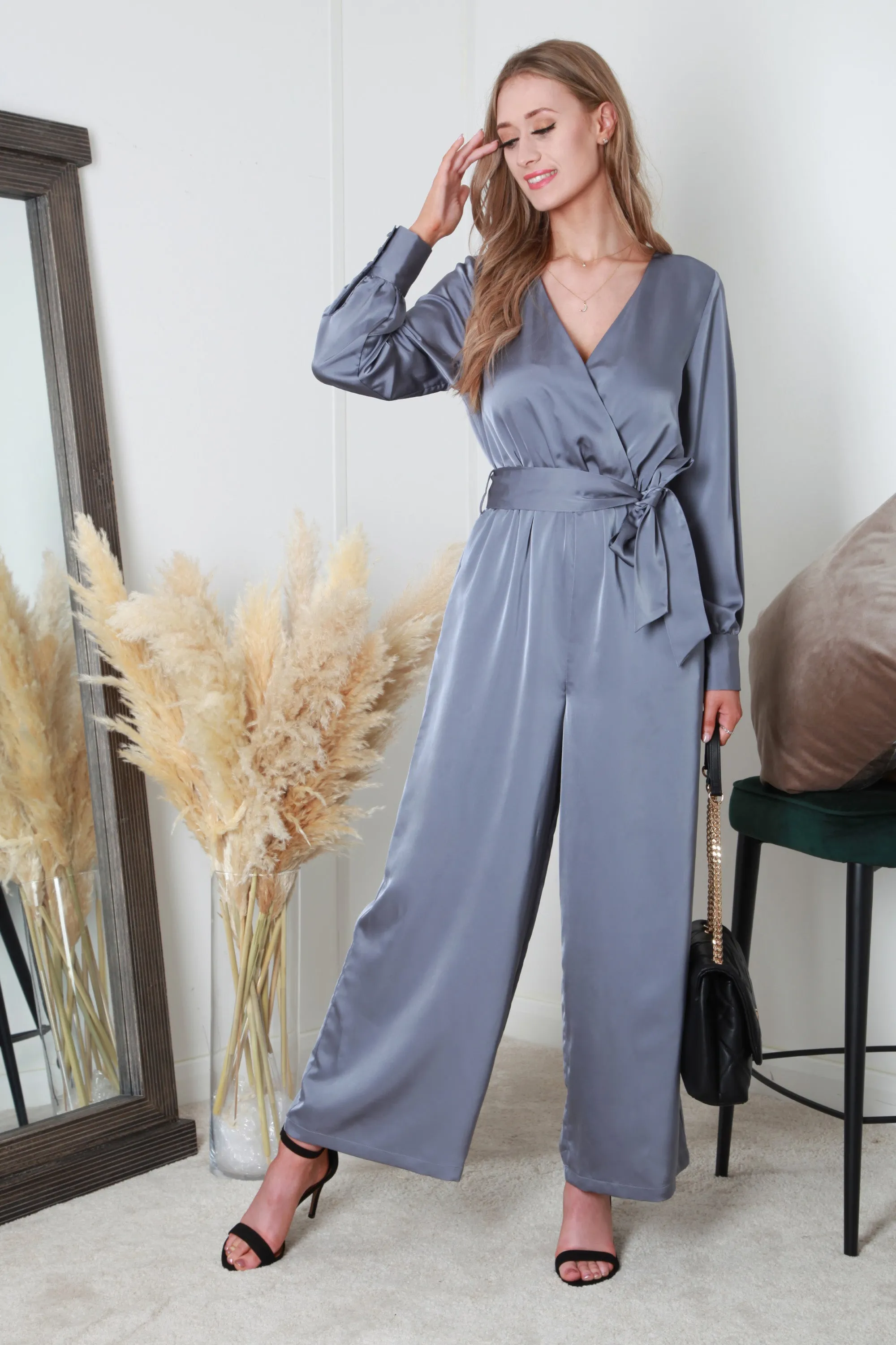 Silver/blue Lux Satin Wrap Jumpsuit by Double Second sold by Goddiva