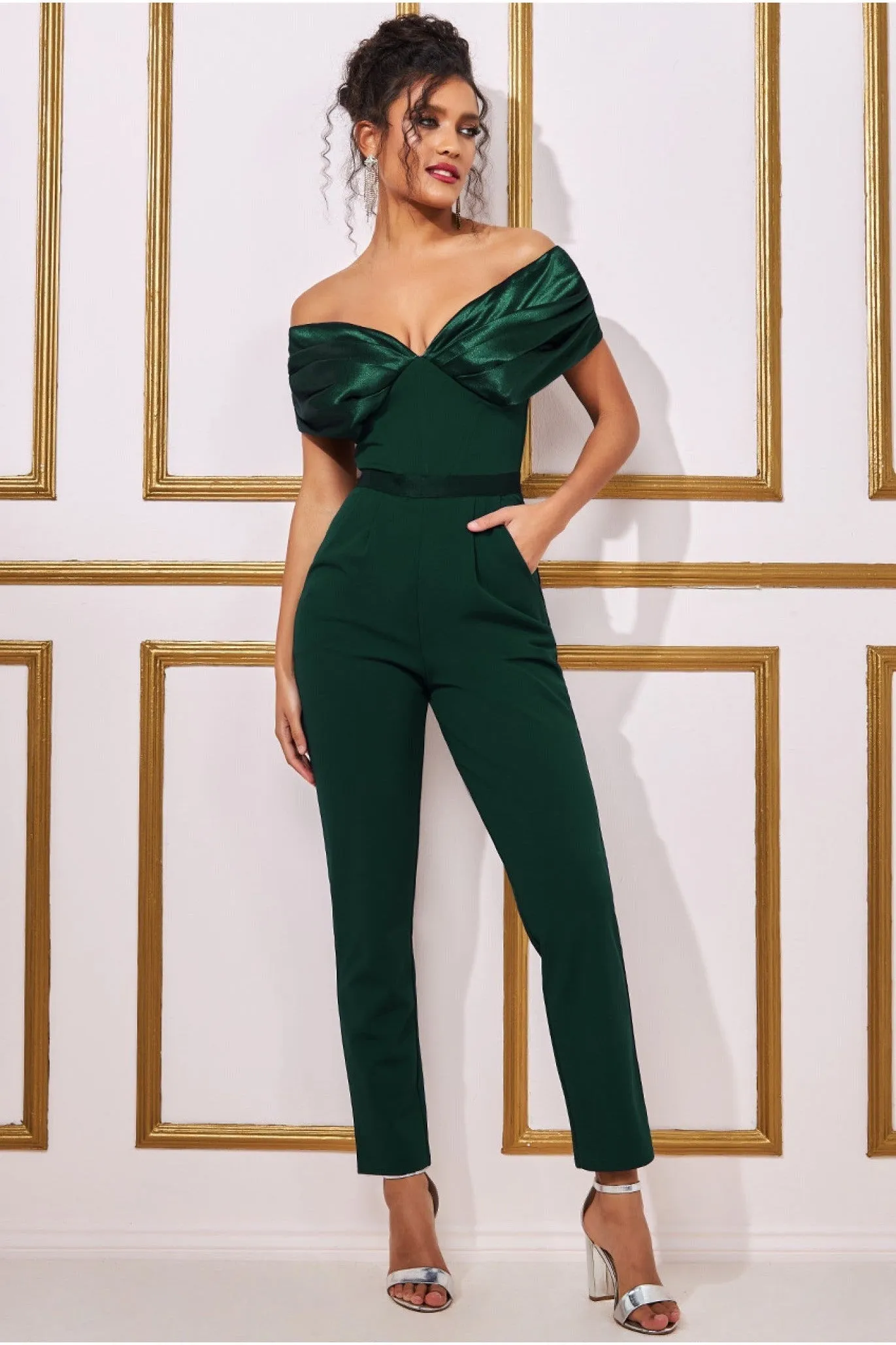 Corset Bodice Scuba & Satin Bardot Jumpsuit - Emerald by Goddiva sold by Goddiva