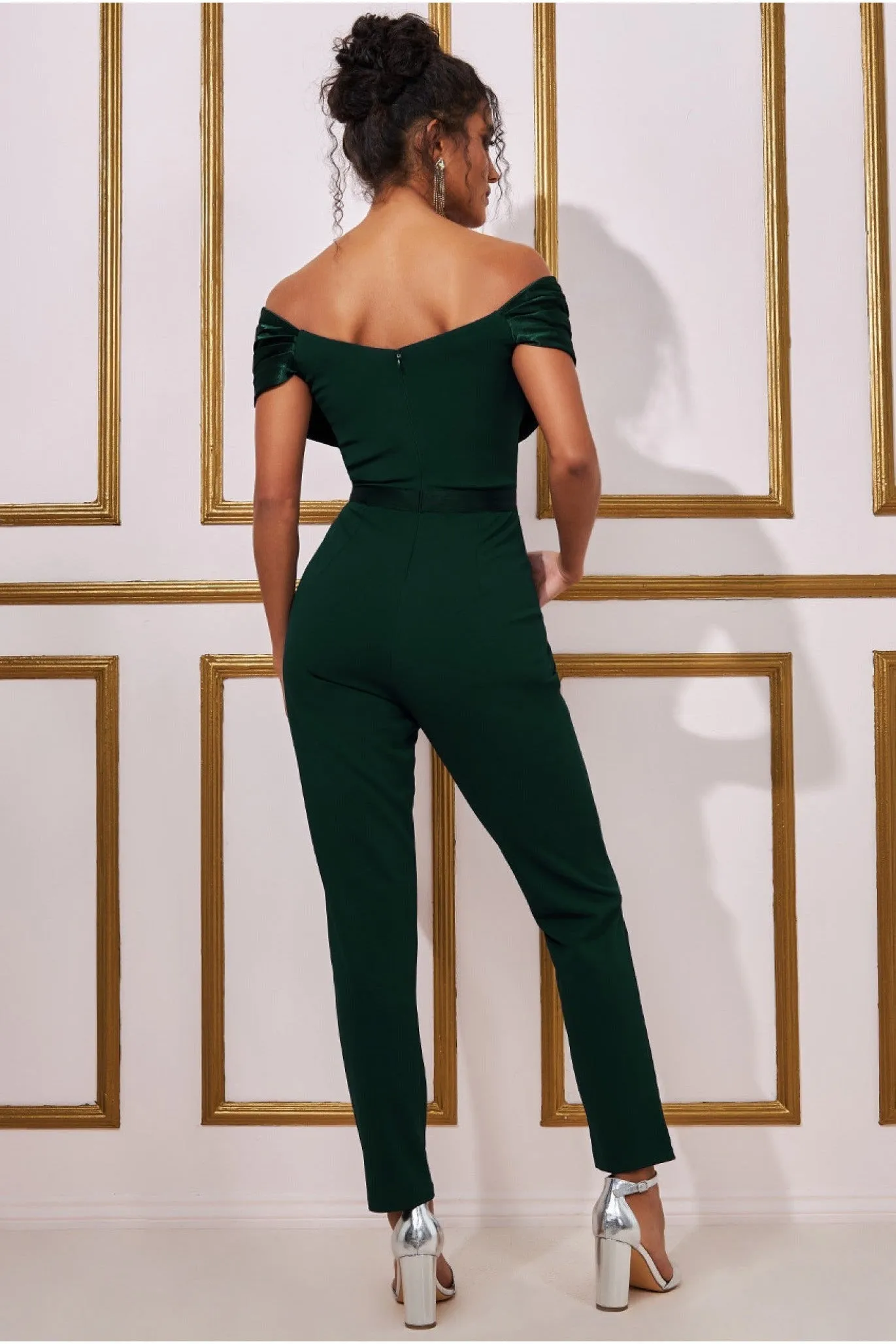 Corset Bodice Scuba & Satin Bardot Jumpsuit - Emerald by Goddiva sold by Goddiva product image thumbnail 2