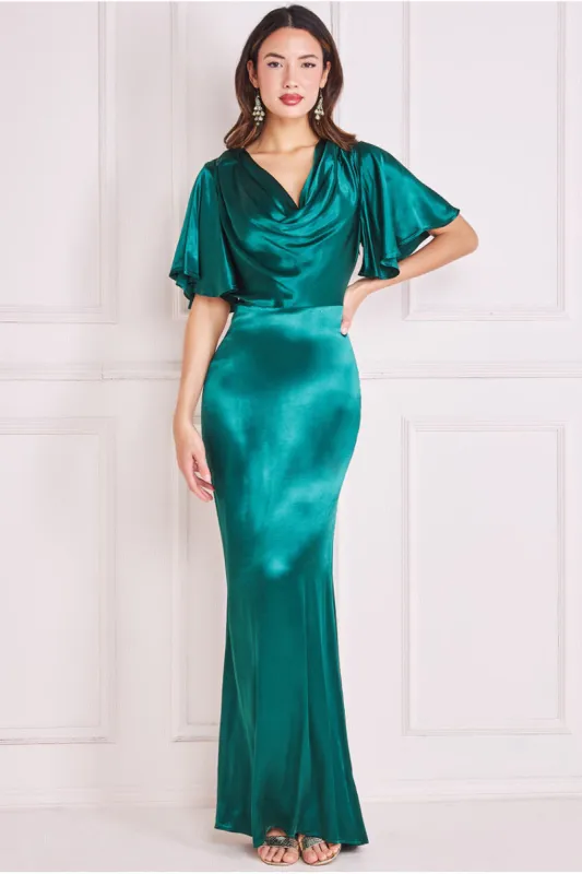 Goddiva Satin Viscose Cowl Neck Maxi With Train - Emerald sold by Goddiva