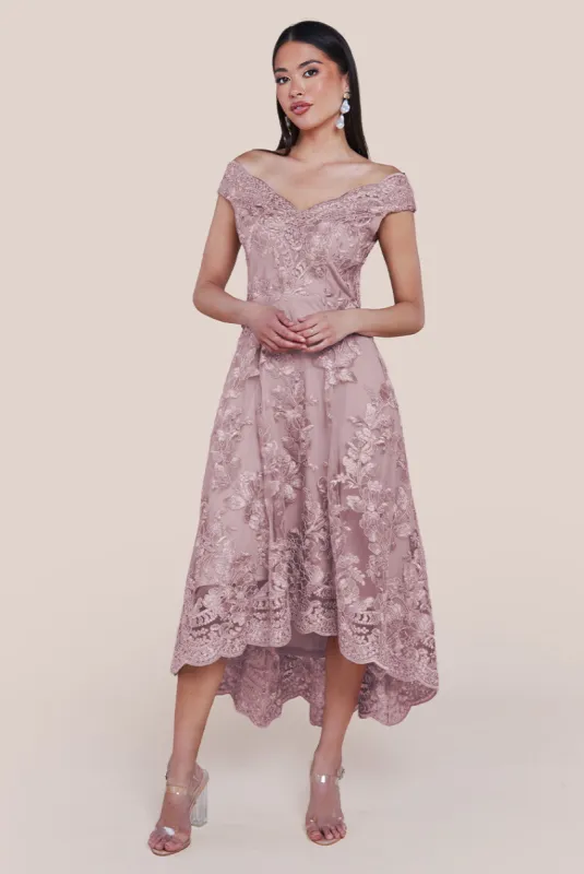 Goddiva Embroidered Lace Midi Dress With Asymmetrical Hem - Blush sold by Goddiva