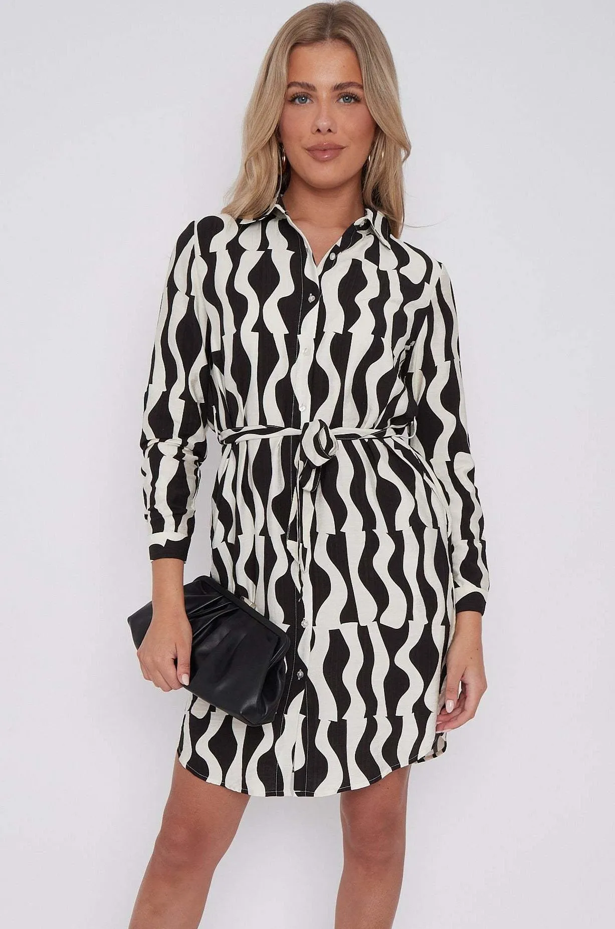 LOVE SUNSHINE Black Geo Pattern Print Mini Shirt Dress sold by Goddiva product image thumbnail 3