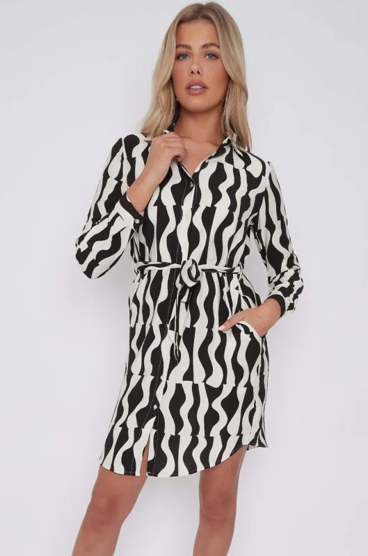 LOVE SUNSHINE Black Geo Pattern Print Mini Shirt Dress sold by Goddiva
