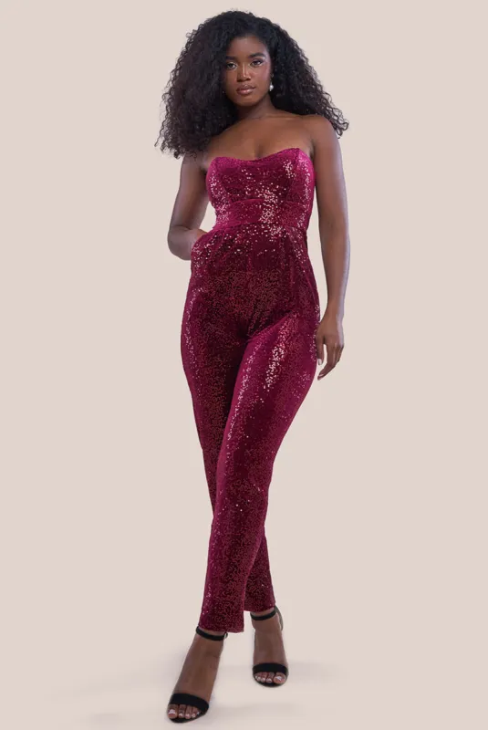 Sequin & Velvet Corset Jumpsuit - Wine by Goddiva sold by Goddiva