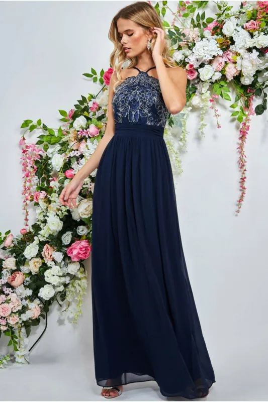 Goddiva Lace Halter Neck Chiffon Skirt Dress  - Navy sold by Goddiva