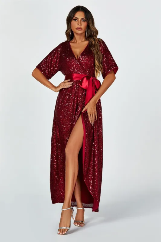 FS Collection Wrap Style Sequin Maxi Dress In Wine sold by Goddiva