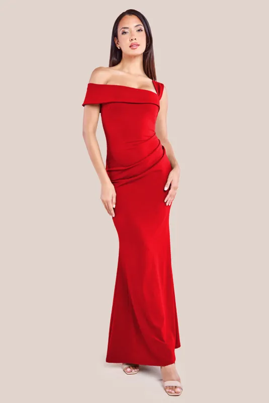 Off The Shoulder Pleated Waist Maxi Dress - Red by Goddiva sold by Goddiva