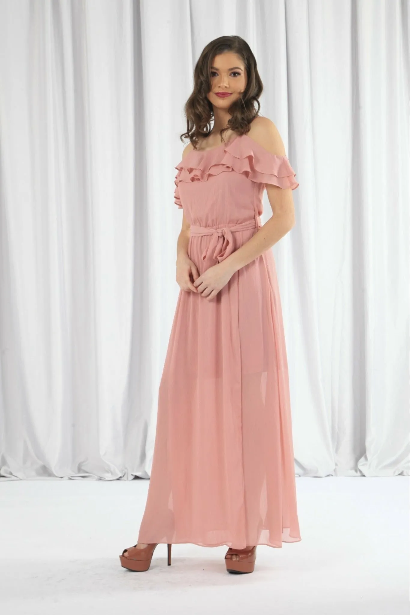 Pink Double Frill Off Shoulder Wrap Maxi Dress by Double Second sold by Goddiva product image thumbnail 3