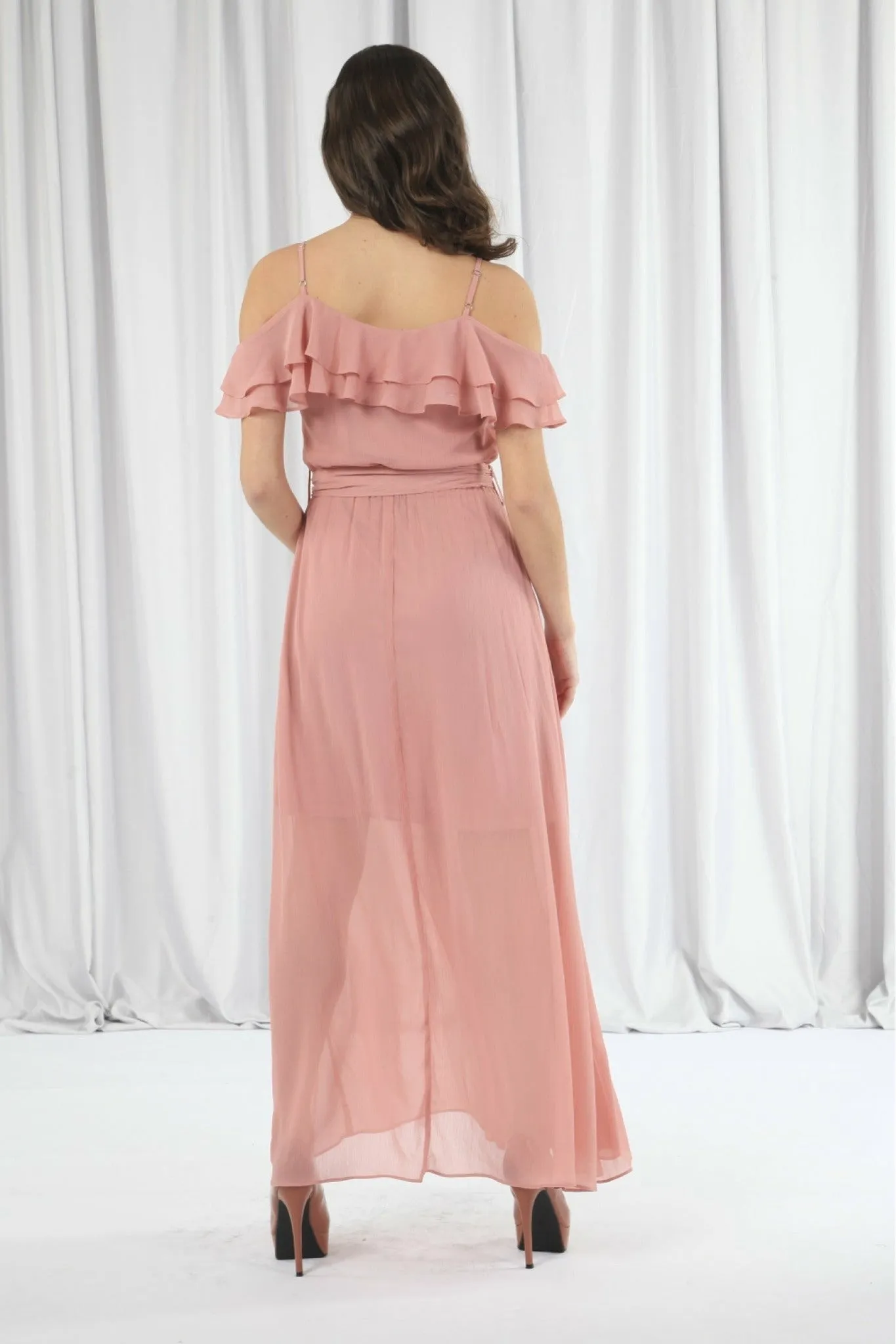 Pink Double Frill Off Shoulder Wrap Maxi Dress by Double Second sold by Goddiva product image thumbnail 5