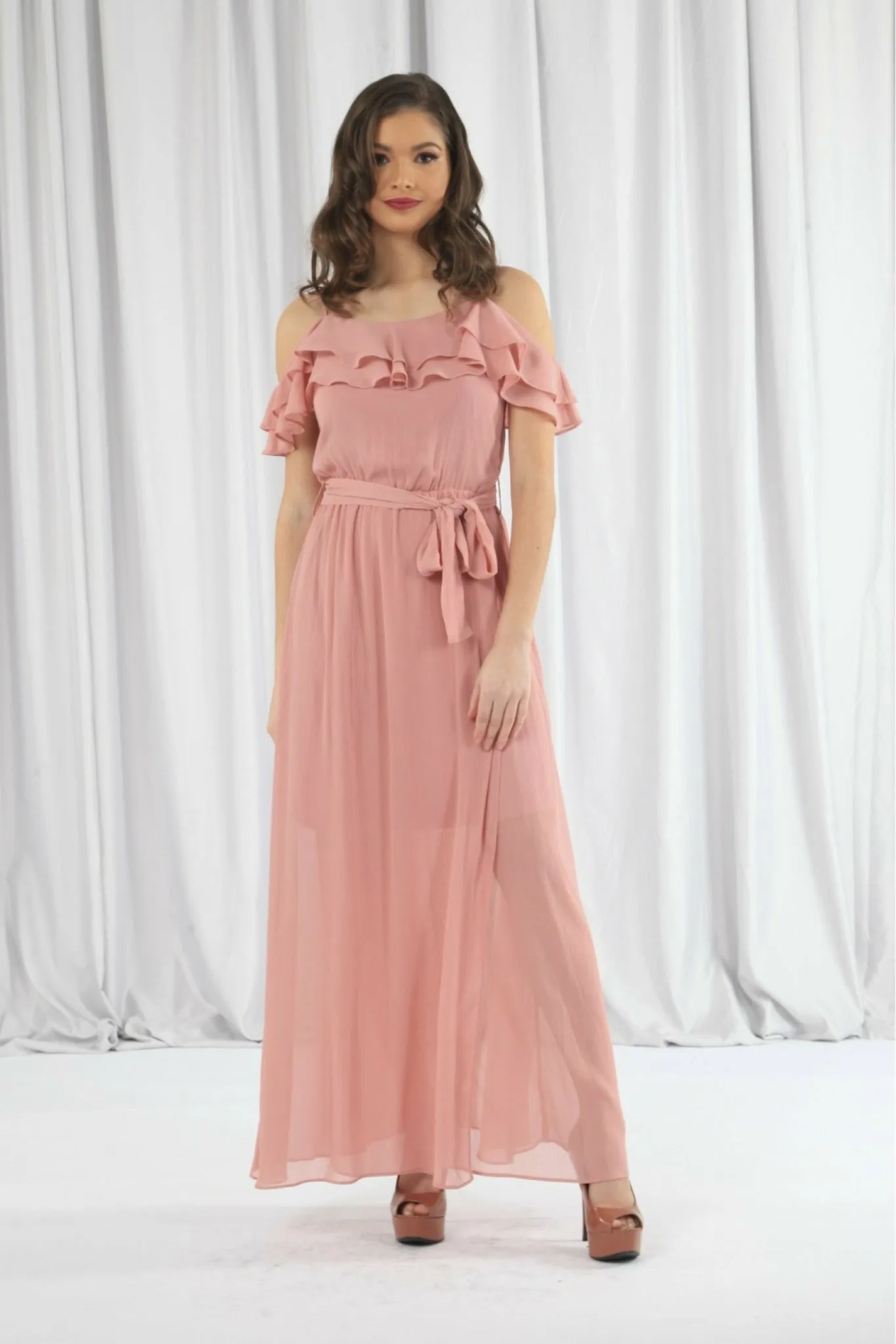 Pink Double Frill Off Shoulder Wrap Maxi Dress by Double Second sold by Goddiva product image thumbnail 2