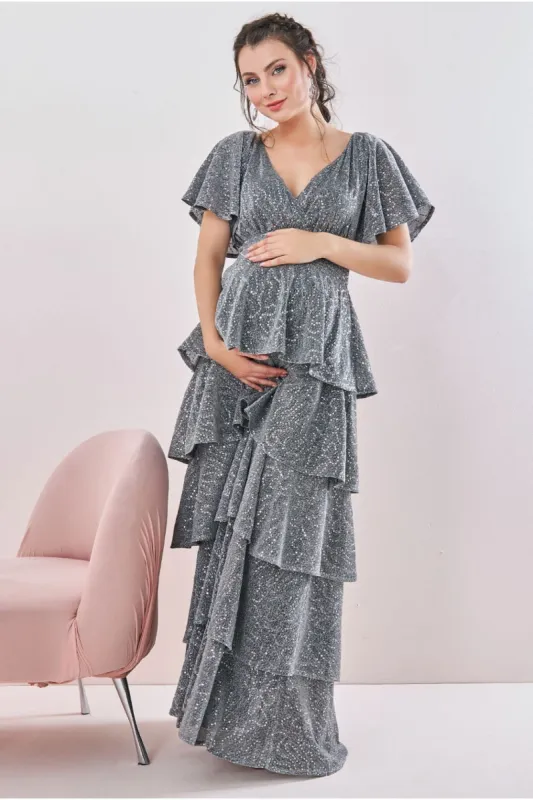Goddiva Maternity Sequin Lurex Tiered Maxi Silver sold by Goddiva
