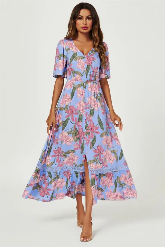 FS Collection Floral Print Lace Detail Maxi Dress In Blue sold by Goddiva