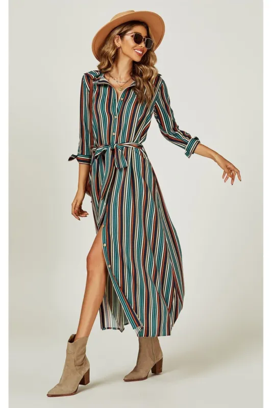 FS Collection Stripe Print Maxi Shirt Dress In Navy sold by Goddiva