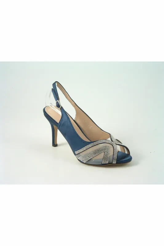 Glitz Shoes Sienna Navy Diamante Peep Toe Sling Back Mid Heel sold by Goddiva
