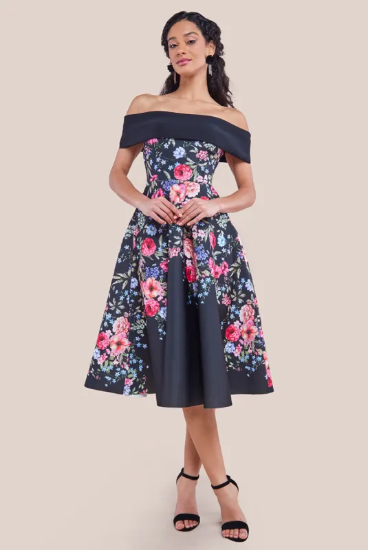 Scuba Foam Floral Bardot Midi Dress - Black by Goddiva sold by Goddiva